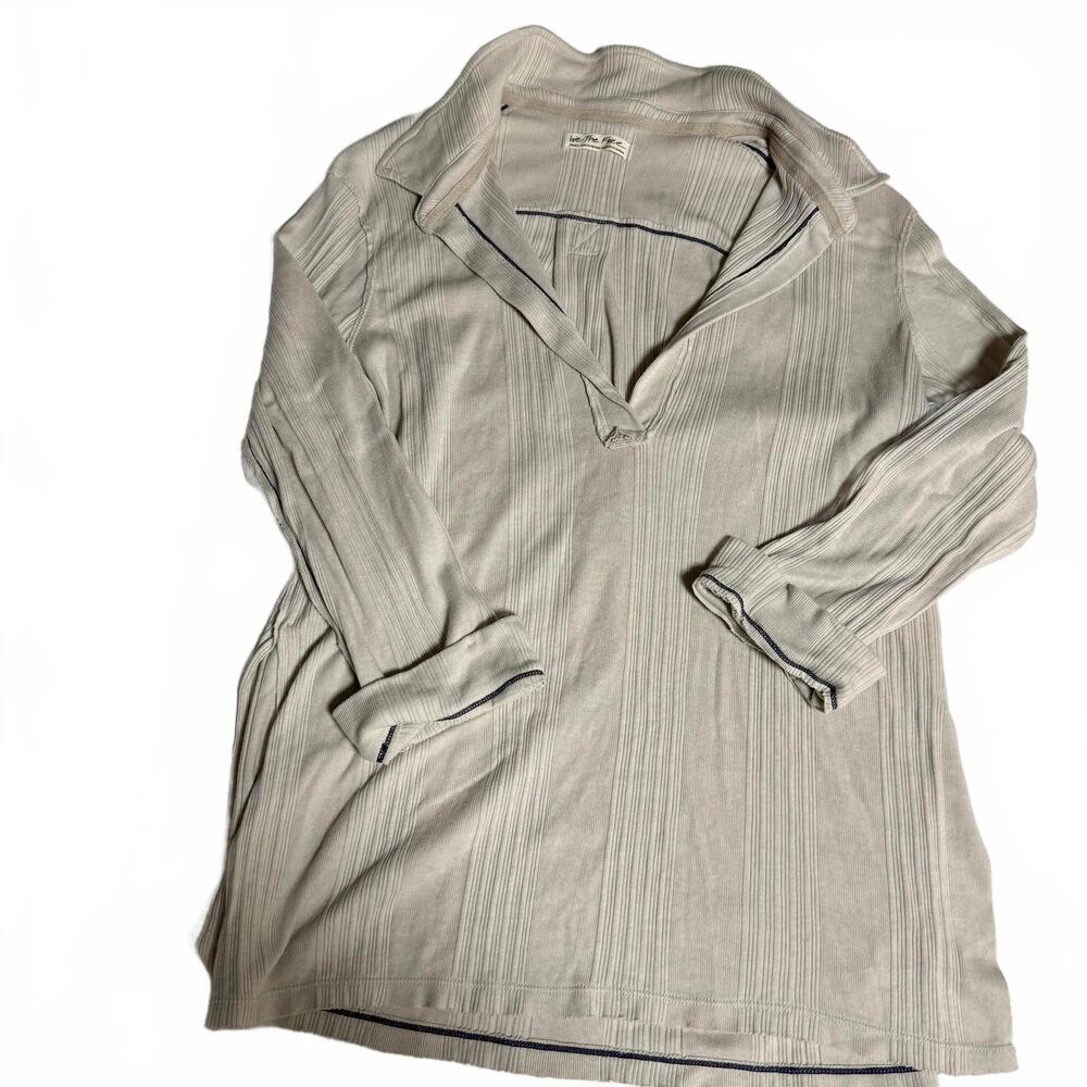 We The Free Ribbed Polo Top Women Small Beige V-Neck Long Sleeve Relaxed Fit